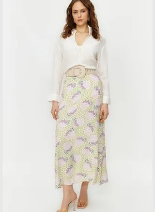 Powder Floral Pattern High Waist Woven Skirt TCTSS22EE0006