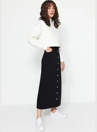 Black Button Closure Denim Jeans Skirt