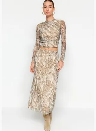 Khaki Patterned Draped Tulle Knitted Skirt TWOAW24ET00091