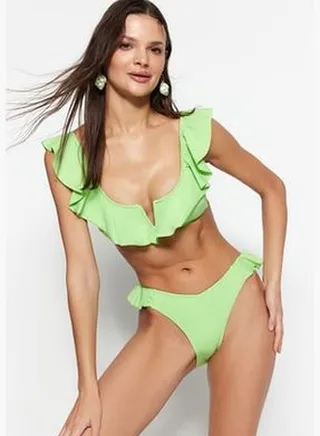Green Ruffle High Leg Bikini Bottoms TBESS21BA0044