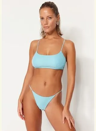 Blue Bralette with Glittery High Leg Bikini Set TBESS23BT00053