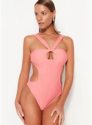 Pink Strapless Cut Out/Windowed High Leg Swimsuit TBESS23MA00031