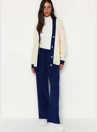 Navy Blue Striped Cardigan-Pants Knitwear Suit TCTAW22AU0156