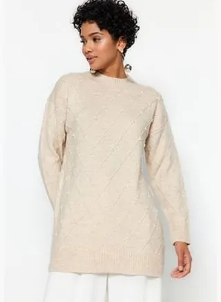 Stone Diamond Pattern Pearled Soft Textured Knitwear Sweater TCTAW24AK00035