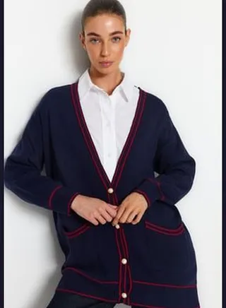 Navy Blue Knitwear Cardigan with Pearl Buttons and Welt TCTAW24TH00036