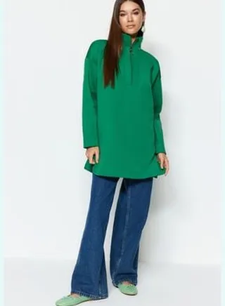 Green Zipper Detailed Diver/Scuba Plain Knitted Sweatshirt TCTAW23TW00198
