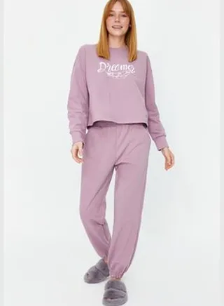 Purple 100% Cotton Printed Sweatshirt-Jogger Knitted Pajama Set