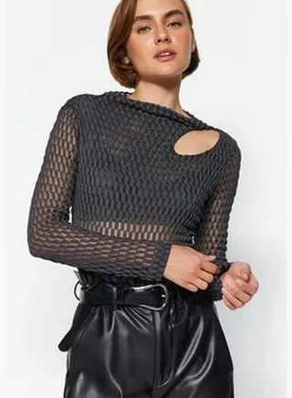 Anthracite See-through Textured Knitted Blouse in Cut Out/Window Detail Fitted/Straighten TWOAW24BZ00293