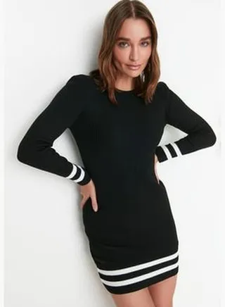 Black Mini Sweater Dress With Striped Hem TWOAW20EL1274