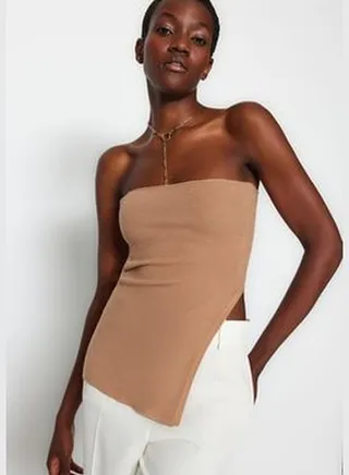 Camel Strapless Slit Detailed Premium Thread / Special Thread Blouse TWOAW24BZ00131