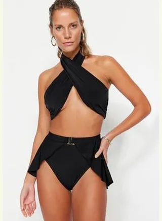 Bikini Bottoms With Black Skirt, High Waist Regular Leg, TBESS23BA00267