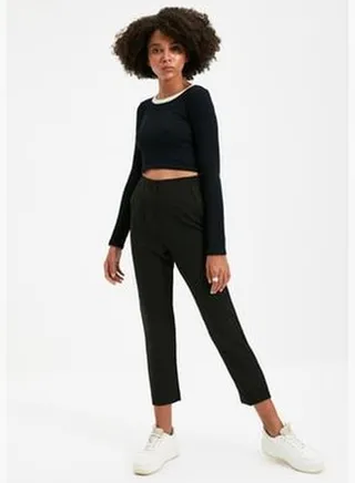 Black Woven High Waist Collar Trousers TWOSS20PL0515