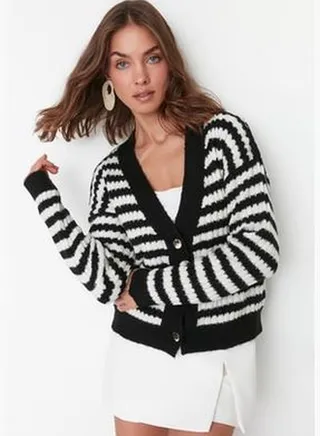 Black Soft Textured Striped Knitwear Cardigan TWOAW23HI00266