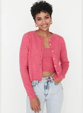 Pink Soft-textured blouse with Crop and Button Detail, Cardigan Knitwear Suit TWOAW21HI0107