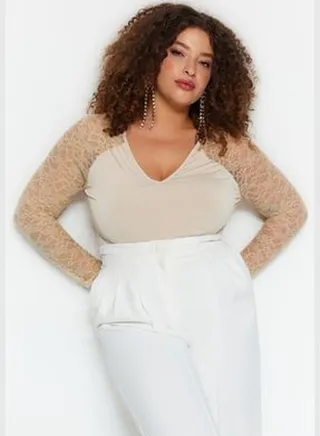 Beige Lace Detailed Knitted Body TBBAW24AF00040