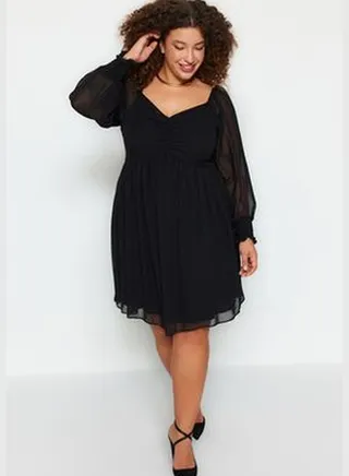 Black Plain A-line Mini Woven Plus Size Dress TBBAW24AH00076