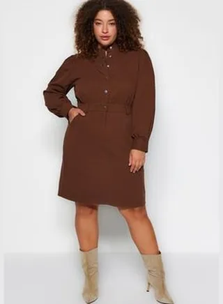 Brown Buttoned Woven Gabardine Dress TBBAW24AH00036