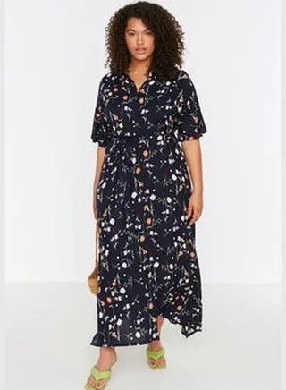 Navy Blue Floral Pattern Woven Slit Detailed Dress TBBSS22EL1612