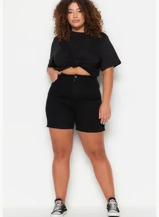 Black High Waist Elastic Skinny Side Slit Denim Shorts & Bermuda