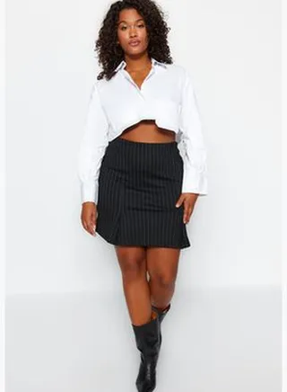 Black Striped Basic Interlock Knitted Plus Size Skirt TBBAW24AZ00032