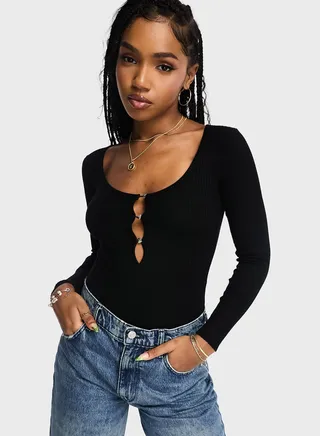 Cut Out Ribbed Detail Bodysuit Top
