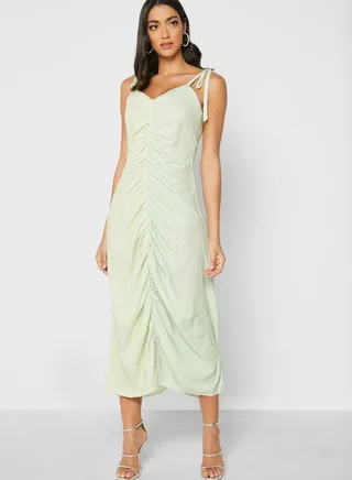 Cami Mixed Print Ruched Front Midi Dress