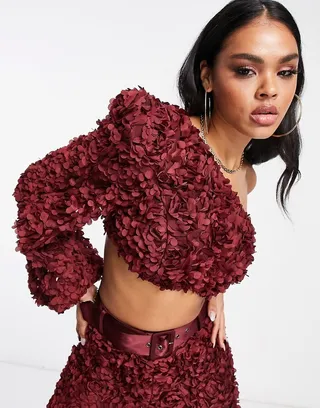 ASOS LUXE 3D lace one shoulder crop top in wine - part of a set