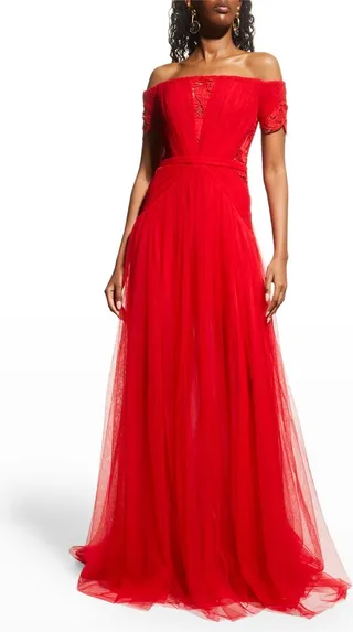 Floral Lace Off-The-Shoulder Tulle Gown