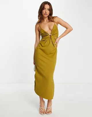 ASOS DESIGN strappy ring detail midi dress in khaki green