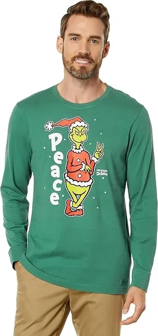 Life is Good Peace Grinch Long Sleeve Crusher Tee (Spruce Green) Men's Clothing