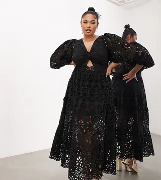 ASOS EDITION Curve broderie twist front midi dress with puff sleeves in black