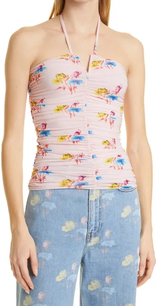 Print Halter Neck Mesh Top