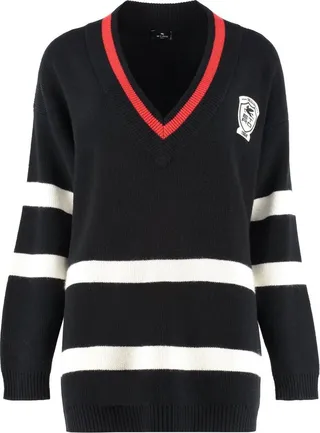 Etro Logo Patch V-Neck Striped Sweater