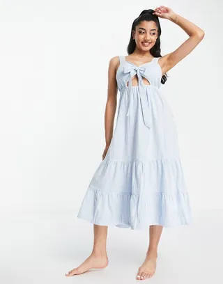 Influence midi tie front beach dress in light blue