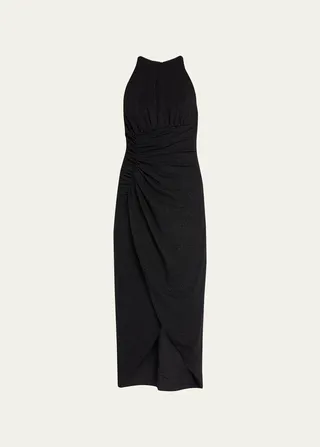 Ruched High-Low Shimmer Halter Dress