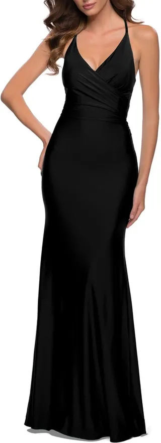 Wrap Front Strappy Back Jersey Gown