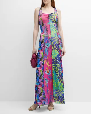 Sleeveless Printed Tulle Maxi Dress