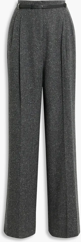 Pleated herringbone wool and cashmere-blend tweed wide-leg pants