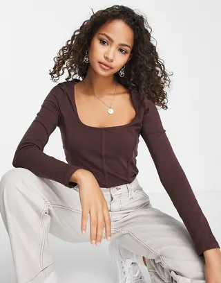 New Look corset detail long sleeved top in chocolate