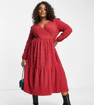 Simply Be textured wrap midi dress in burgundy