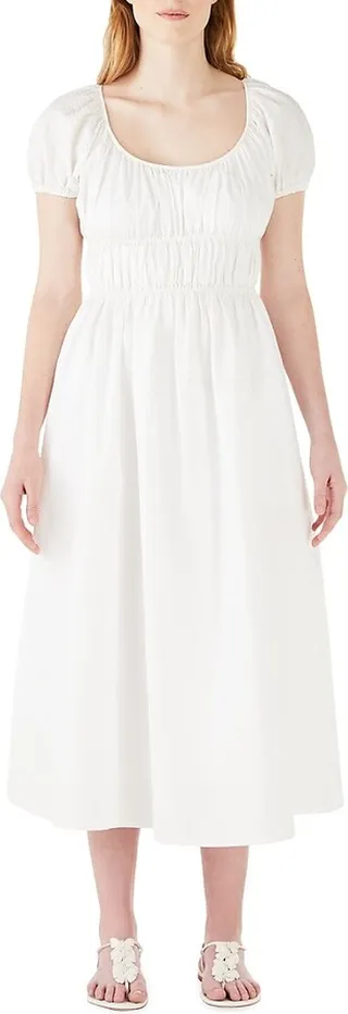 Elasticized Seersucker Midi-Dress