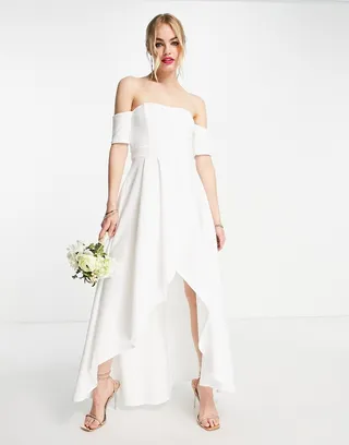 True Violet off shoulder high low maxi dress in ivory