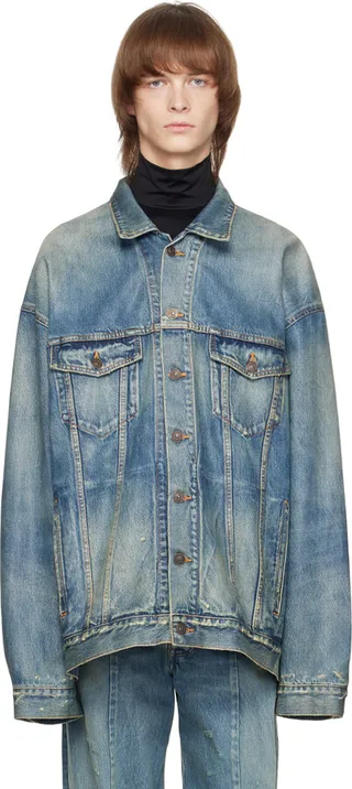 Balenciaga Blue Patched Destroyed Denim Jacket