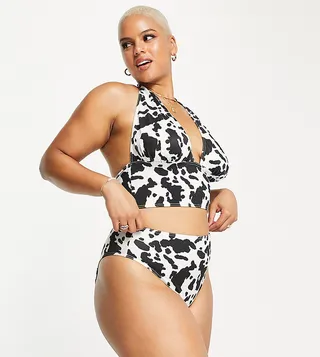 Reclaimed Vintage Inspired Plus high waist bikini bottom in cow print
