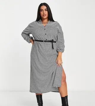 ASOS DESIGN Curve long sleeve shirt midi dress with belt in mono check