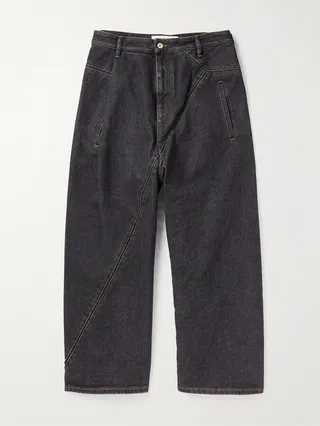 Puzzle Cropped Leather-Trimmed Jeans