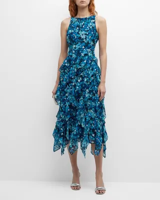 Floral-Print Cascading Ruffle Midi Dress