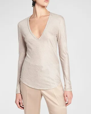Melange Cashmere V-Neck Knit Top