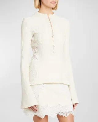 Lace-Insert Flare-Sleeve Rib Top