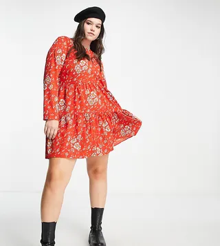 ASOS DESIGN Curve long sleeve tiered smock mini dress in red floral print
